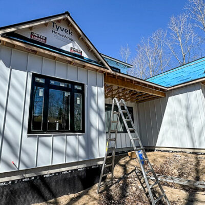 Standing seam siding on a home being built.